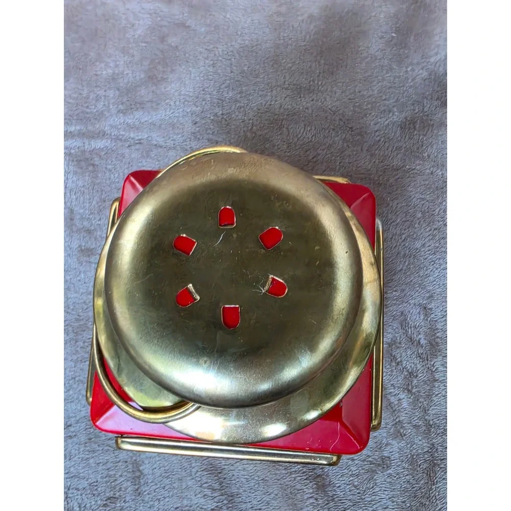 Vintage Red Metal and Brass Miniature Oil Lantern Glass Hurricane Lamp 7.5 inch